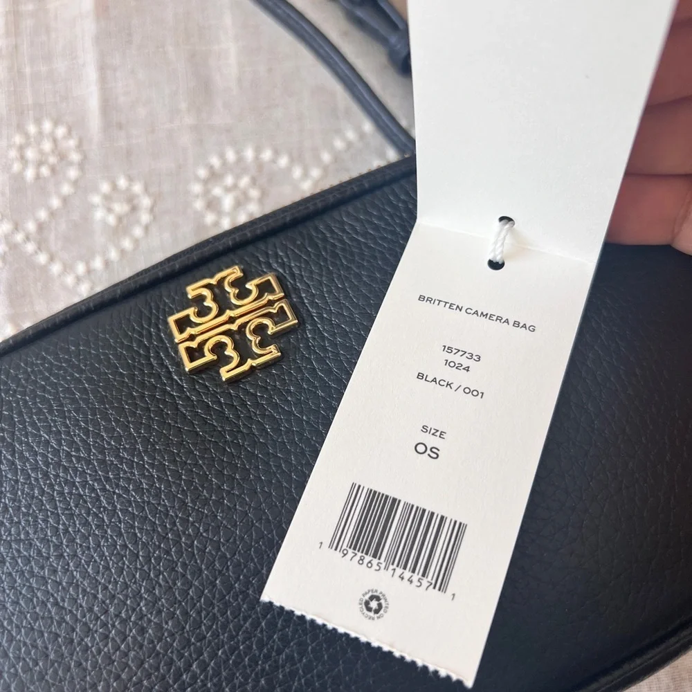 TORY BURCH• Britten Black Leather Camera Bag with Gold Logo
